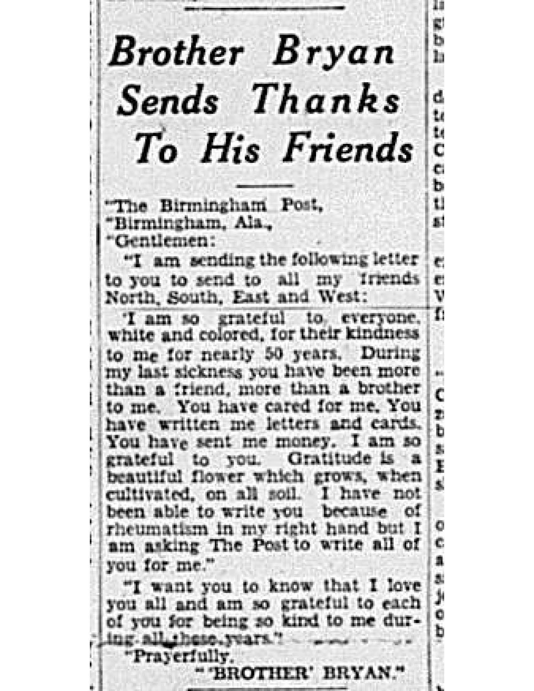 Brother Bryan Sends Thanks To His Friends